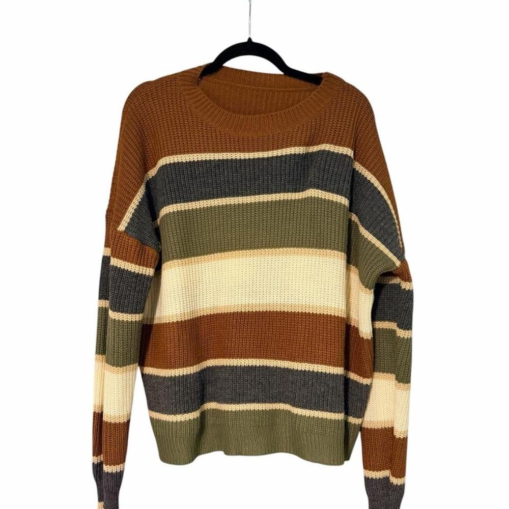 Sweater: Navy, Green, Brown and Cream Striped - Size XL